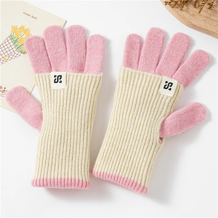 B8877 Women Color Splicing Full Finger Gloves Two Way Convertible Winter Knit Mittens - Pink+Beige