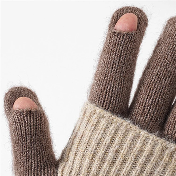 B8877 Women Color Splicing Full Finger Gloves Two Way Convertible Winter Knit Mittens - Pink+Beige
