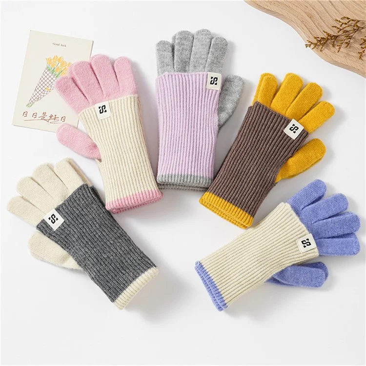 B8877 Women Color Splicing Full Finger Gloves Two Way Convertible Winter Knit Mittens - Pink+Beige