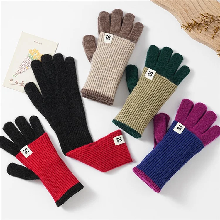 B8877 Women Color Splicing Full Finger Gloves Two Way Convertible Winter Knit Mittens - Pink+Beige