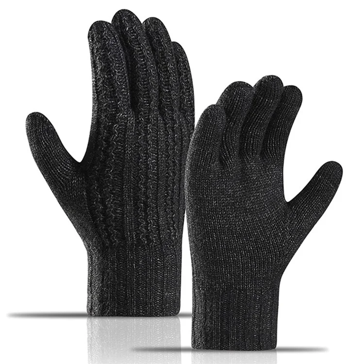 Guantes de invierno térmicos para pantalla táctil, color sólido, de punto, para ciclismo al aire libre - Negro