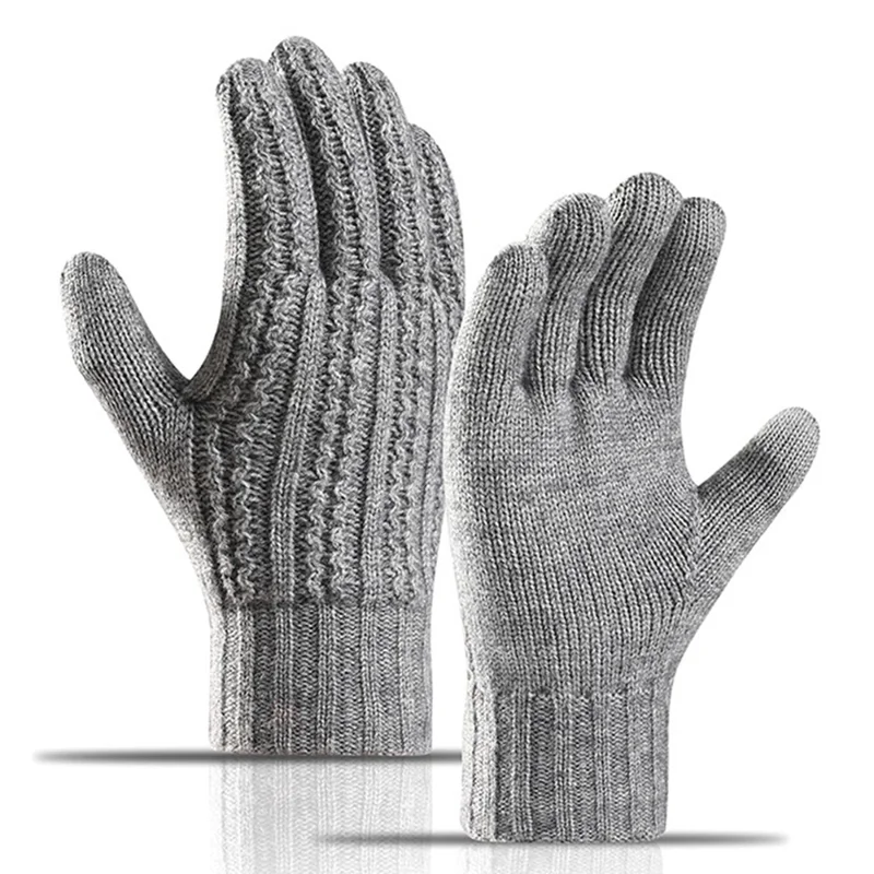 D6601 Solid Color Knitted Mittens Outdoor Cycling Touch Screen Winter Thermal Gloves - Grey