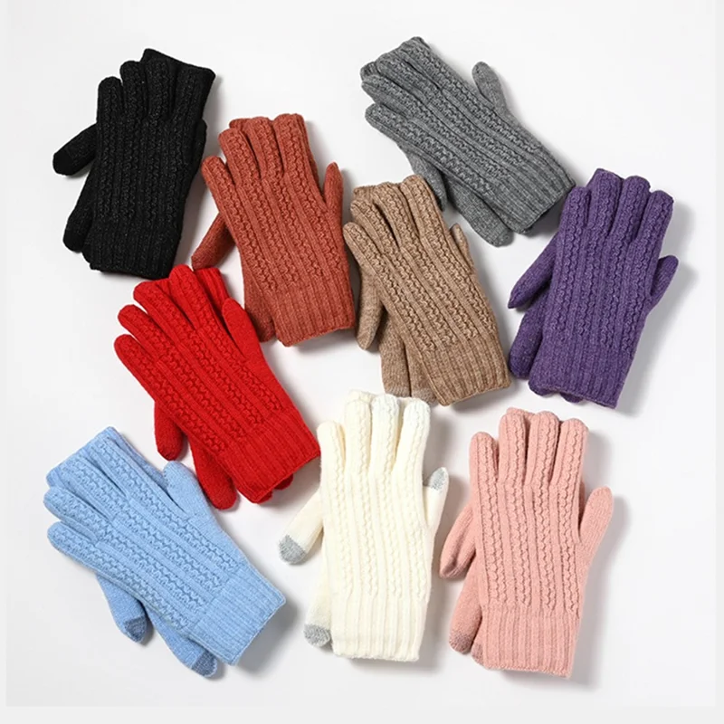 D6601 Solid Color Knitted Mittens Outdoor Cycling Touch Screen Winter Thermal Gloves - Grey