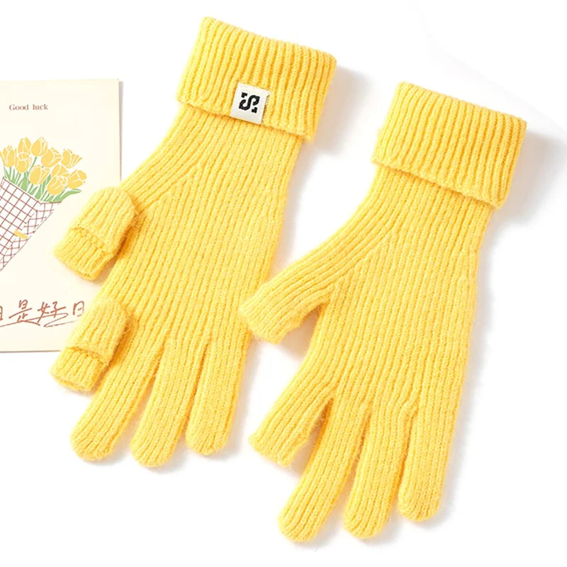 Outdoor Cycling Windproof Winter Thermal Gloves Filp Top Knitted Mittens for Women - Yellow