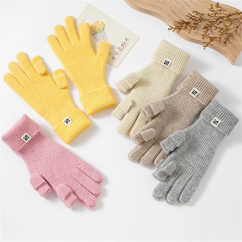 Outdoor Cycling Windproof Winter Thermal Gloves Filp Top Knitted Mittens for Women - Yellow