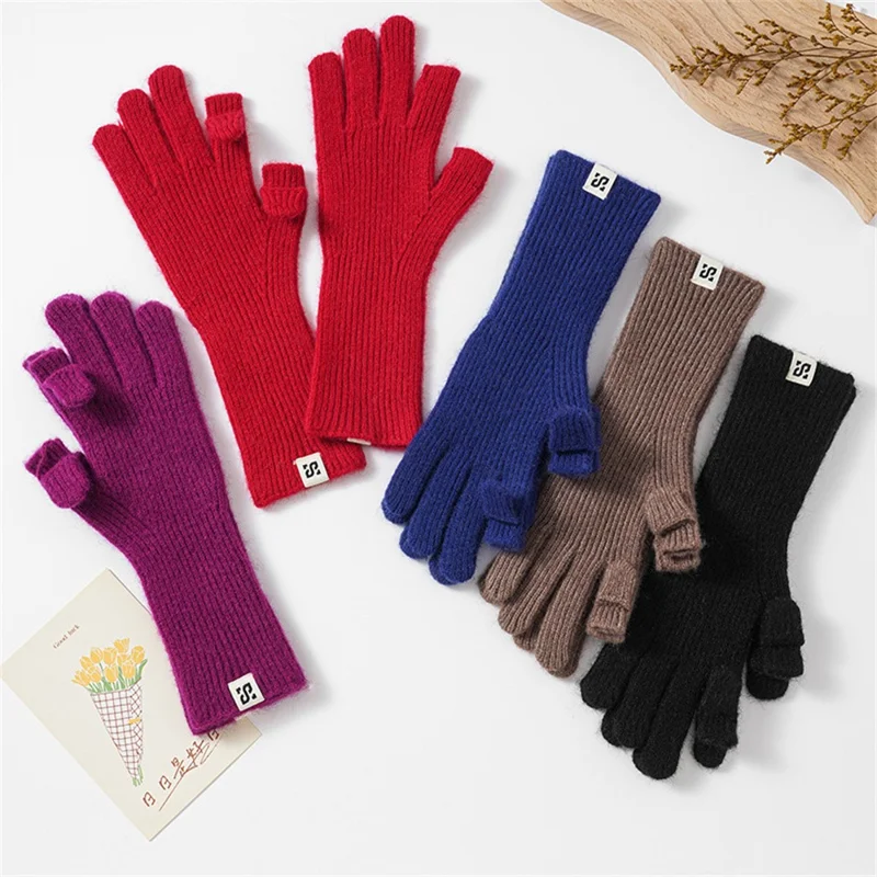 Outdoor Cycling Windproof Winter Thermal Gloves Filp Top Knitted Mittens for Women - Yellow