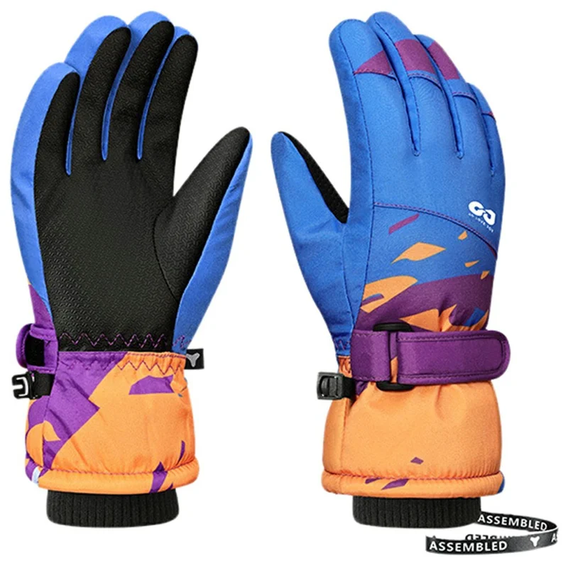GOLOVEJOY DRST39 1 Pair Winter Ski Gloves for 4-7 Years Kids Waterproof Windproof Snow Mittens Size S - Blue  /  Orange