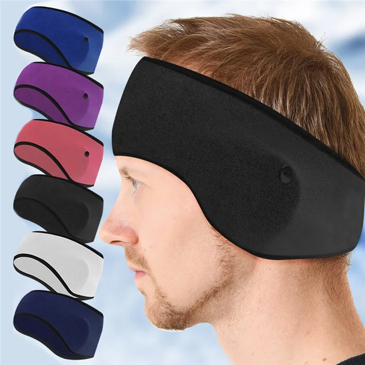 Winter Outdoor Sports Windproof Thermal Fleece Ear Warmer Headband with Button - Black