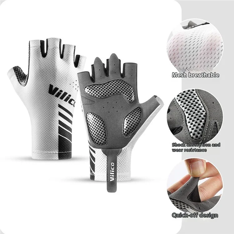 VILICO A0132 Luvas de ciclismo com absorção de choque Anti Deslizante Mitenes sem dedos para esportes ao ar livre, Tamanho M / Branco
