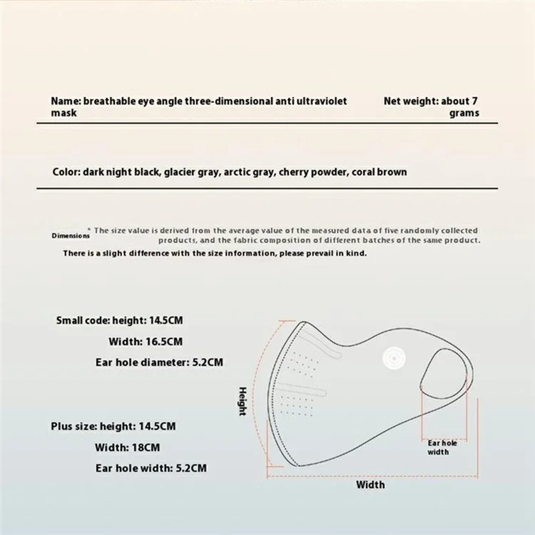 GOLOVEJOY XKZ58 Masque facial respirant d'extérieur Protection UV Été Couvre-visage 3D Taille L - Gris clair
