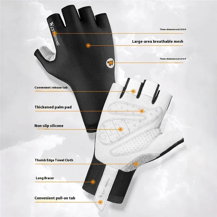 Luvas de Ciclismo WEST BIKING YP0211265 Absorção de Impacto - Meio Dedo Respirável Antiderrapante para Bicicleta de Estrada e Montanha - Preto Tamanho M
