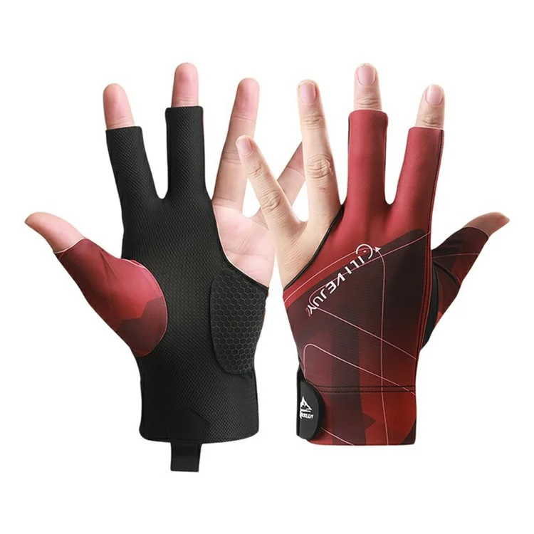 GILIBVEJUYL Billiards Snooker 3 Finger Glove Lycra Breathable Anti Slip Pool Hall Glove - Red Geometric Pattern / Half-Finger