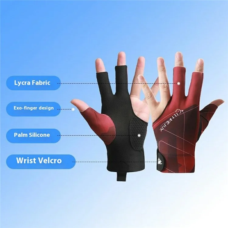 GILIBVEJUYL Billiards Snooker 3 Finger Glove Lycra Breathable Anti Slip Pool Hall Glove - Red Geometric Pattern / Half-Finger