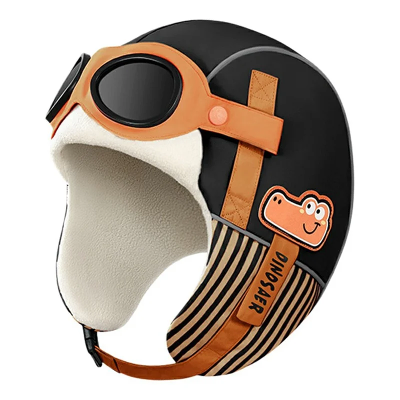 DRMZ32 Casque de protection auditive pour enfants Chapeau d'aviateur avec lunettes amovibles Chapeau Lei Feng doublé de polaire - Orange