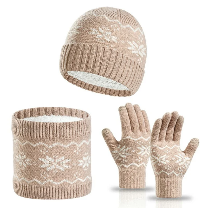 D6601 3-delig vintervindtät stickad hatt halsduk pekhandskärmsset för utomhuscykling - Ljust beigefärgat