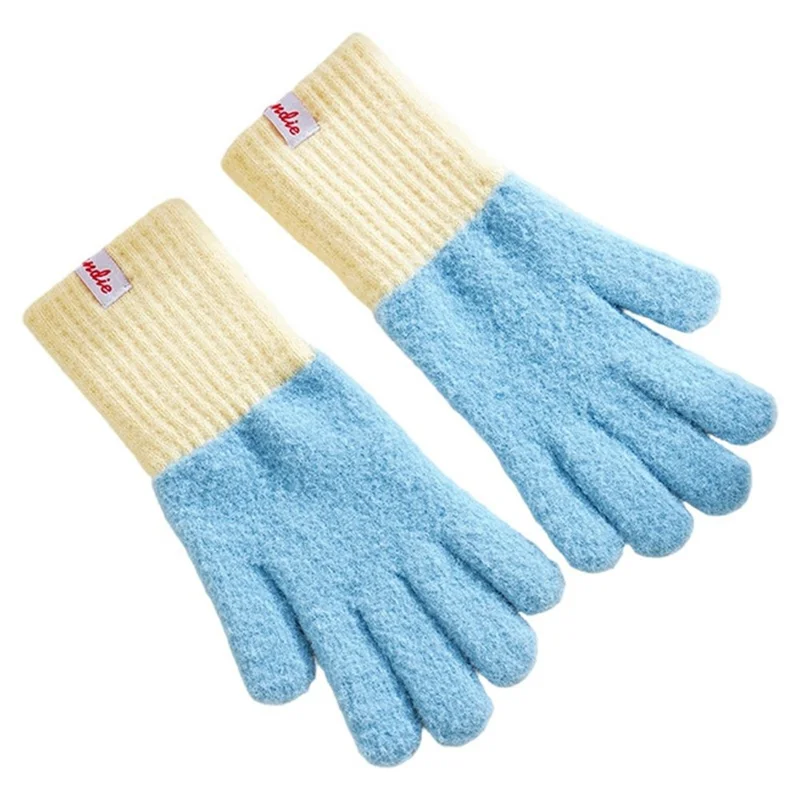 B8882 Color Block Knitted Gloves Touchscreen Compatible Fingertip Holes Five Finger Mittens for Women - Blue