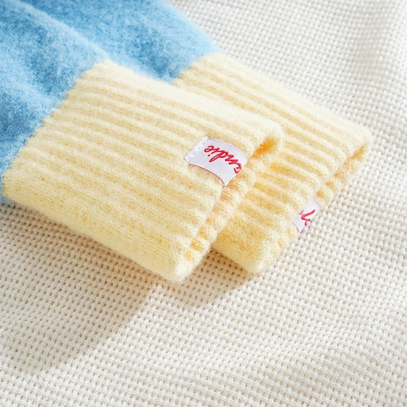 B8882 Color Block Knitted Gloves Touchscreen Compatible Fingertip Holes Five Finger Mittens for Women - Blue