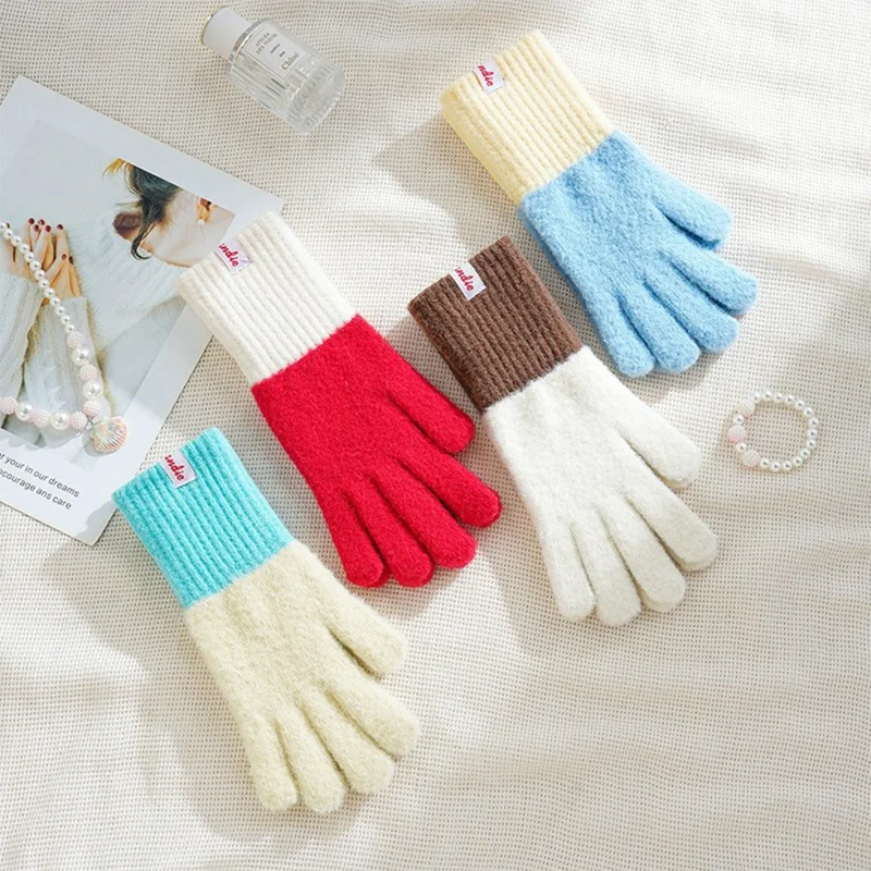 B8882 Color Block Knitted Gloves Touchscreen Compatible Fingertip Holes Five Finger Mittens for Women - Blue