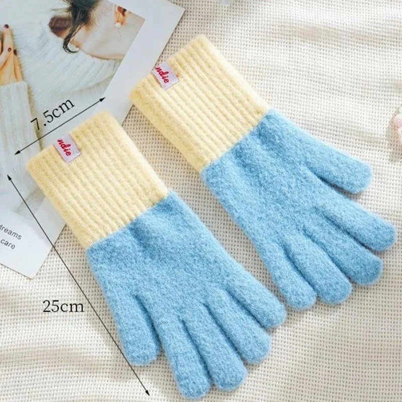 B8882 Color Block Knitted Gloves Touchscreen Compatible Fingertip Holes Five Finger Mittens for Women - Blue