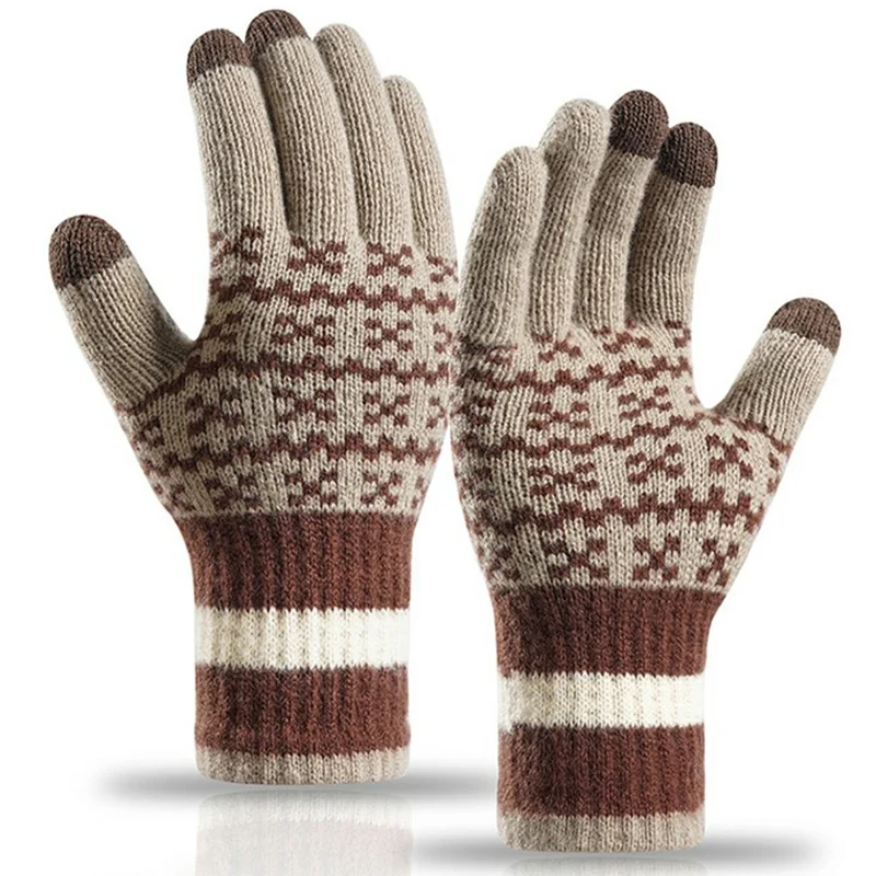 B8887 Жаккардовые перчатки с тремя пальцами, сенсорный экран, зимние теплые перчатки для мужчин и женщин - хаки
