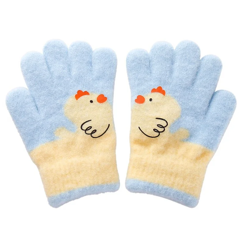 C5573 1 Pair Cartoon Chicken Pattern Winter Full Finger Gloves for Kids Fleece Lined Warm Mittens - Blue