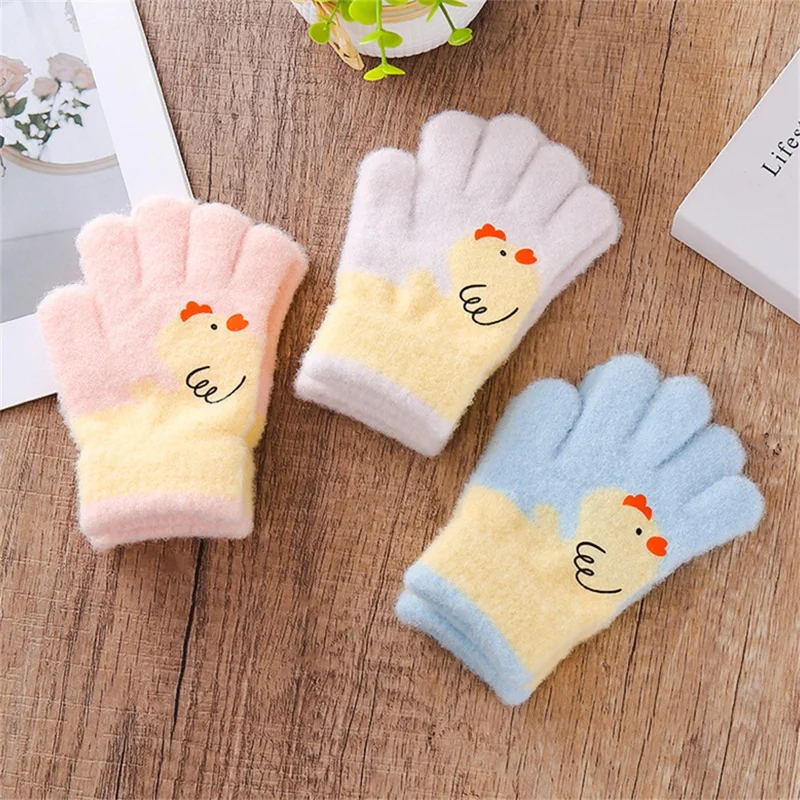C5573 1 Pair Cartoon Chicken Pattern Winter Full Finger Gloves for Kids Fleece Lined Warm Mittens - Blue