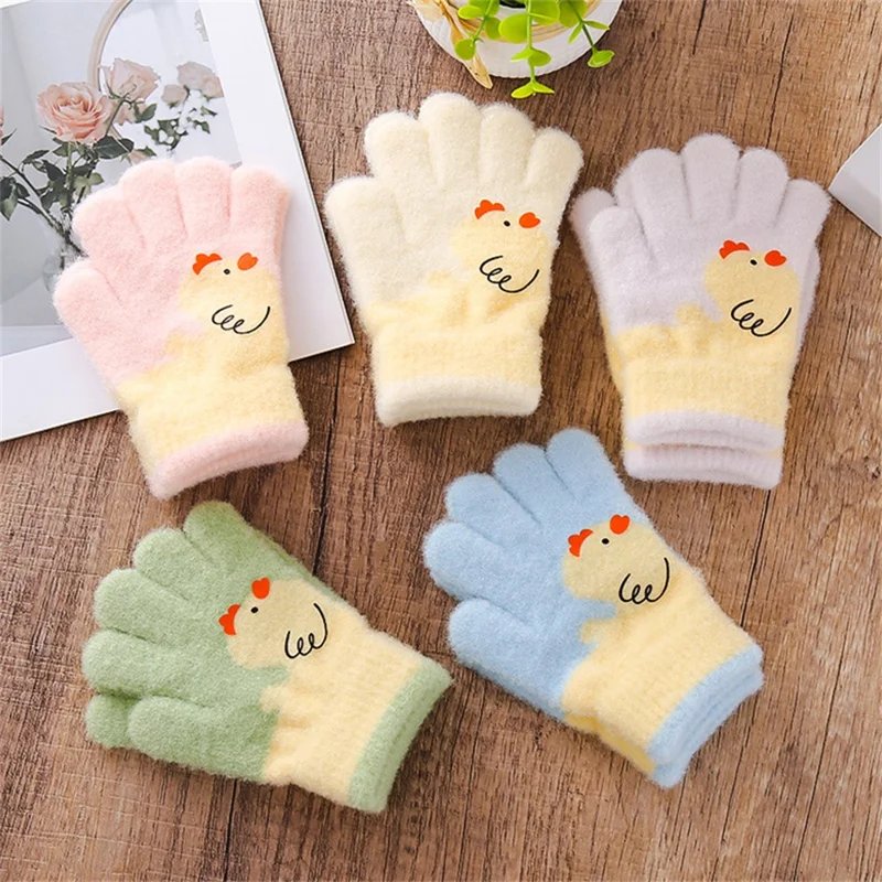 C5573 1 Pair Cartoon Chicken Pattern Winter Full Finger Gloves for Kids Fleece Lined Warm Mittens - Blue