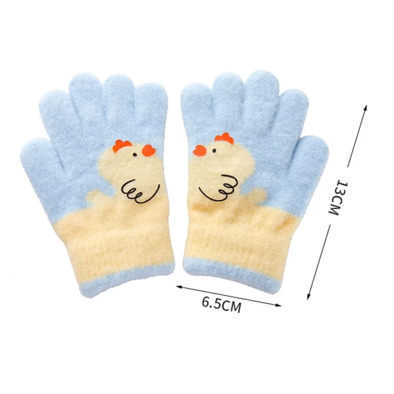 C5573 1 Pair Cartoon Chicken Pattern Winter Full Finger Gloves for Kids Fleece Lined Warm Mittens - Blue