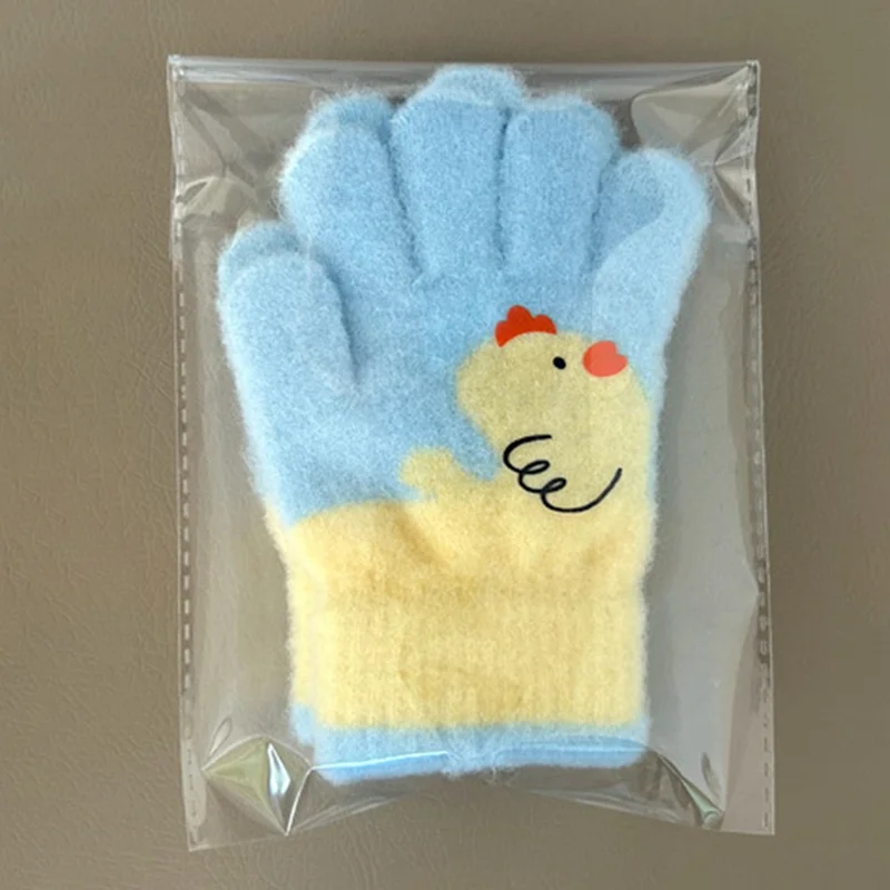 C5573 1 Pair Cartoon Chicken Pattern Winter Full Finger Gloves for Kids Fleece Lined Warm Mittens - Blue