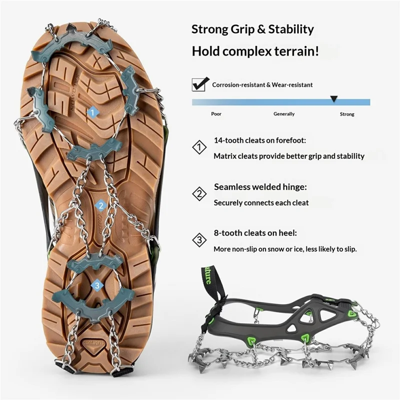 Qunature 22 Edelstahl-Zähne Eisspikes für Schuhe Kältebeständige Schnee-Traktion Griffe mit rutschfestem Scharnier - S Größe / Schwarz Grün