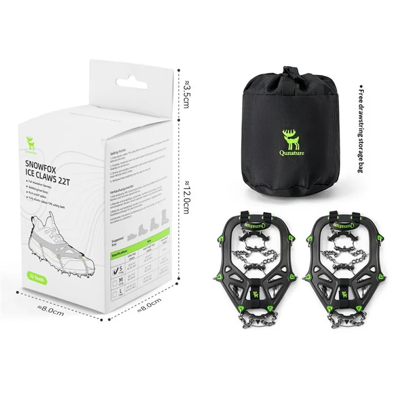 Qunature 22 Edelstahl-Zähne Eisspikes für Schuhe Kältebeständige Schnee-Traktion Griffe mit rutschfestem Scharnier - S Größe / Schwarz Grün