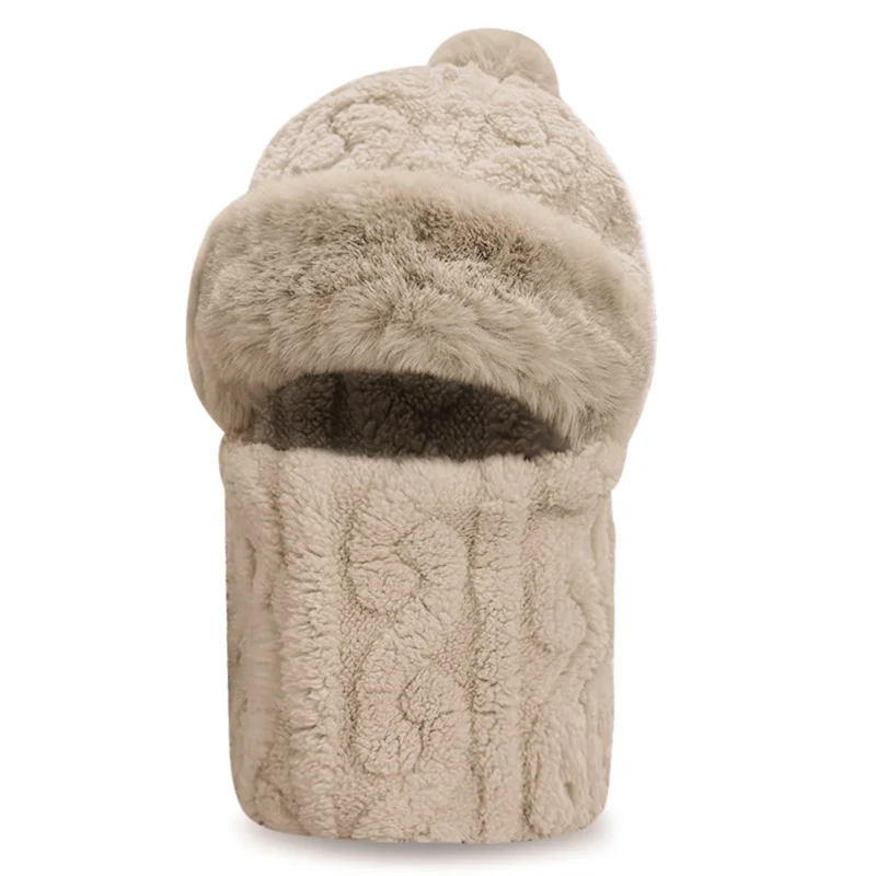 Outdoor Cycling Hat with Ear Protection Windproof Neck Gaiter Mask Integrated Fleece Thickened Warm Hat for Biking - Jacquard Khaki