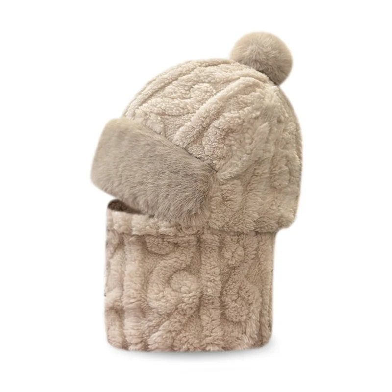 Outdoor Cycling Hat with Ear Protection Windproof Neck Gaiter Mask Integrated Fleece Thickened Warm Hat for Biking - Jacquard Khaki