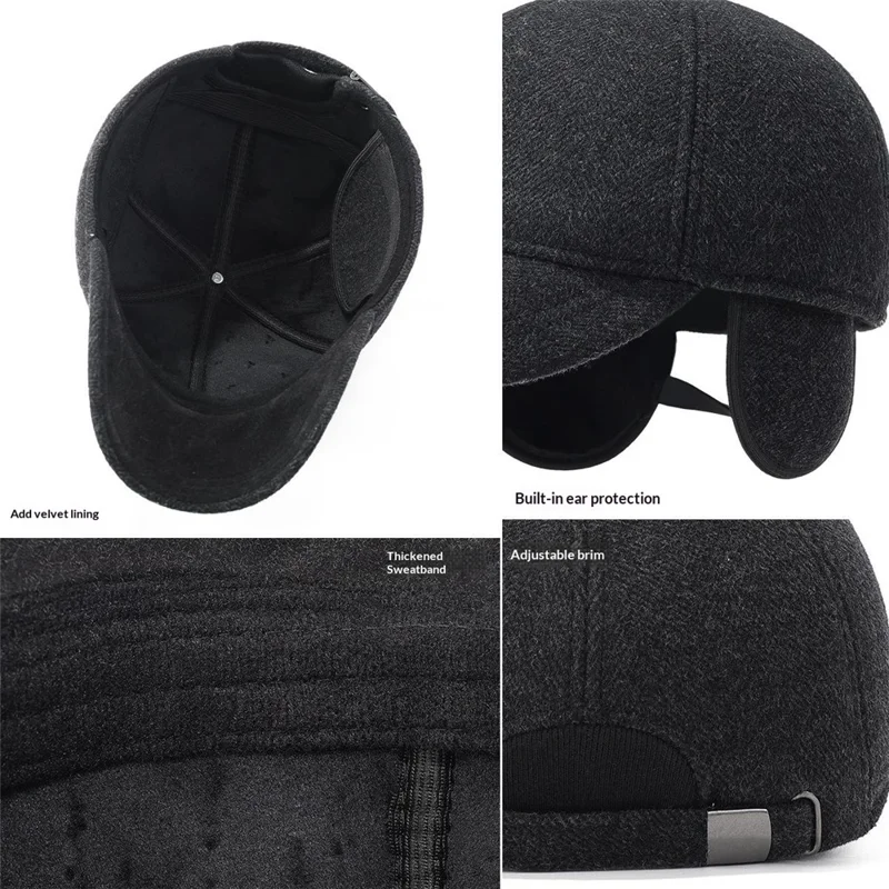 Gorra de béisbol térmica de lana para invierno para personas de mediana edad y mayores, con orejeras plegables
