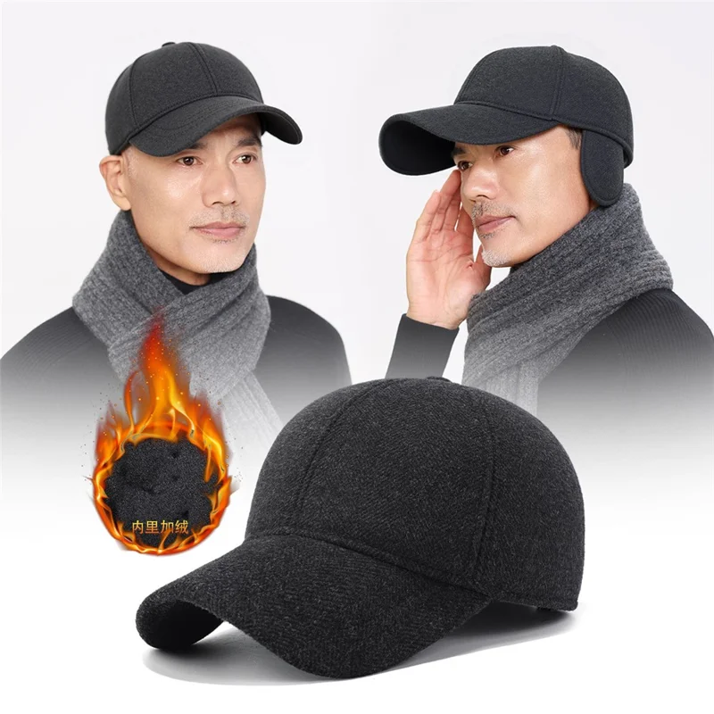 Gorra de béisbol térmica de lana para invierno para personas de mediana edad y mayores, con orejeras plegables