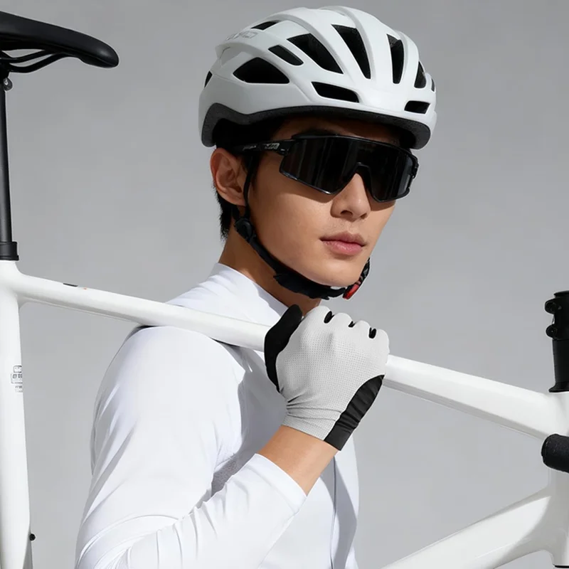 DY63 زوج واحد من قفازات الدراجات التي تعمل باللمس، قفازات بأصابع كاملة مقاومة للانزلاق للدراجات على الطرق - M / أبيض