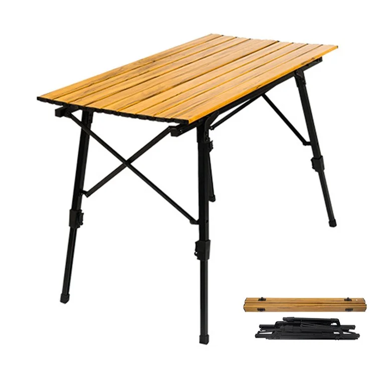 90x52cm Outdoor Folding Table Wood Grain Roll Up Top Aluminum Alloy Lifting Camping Table