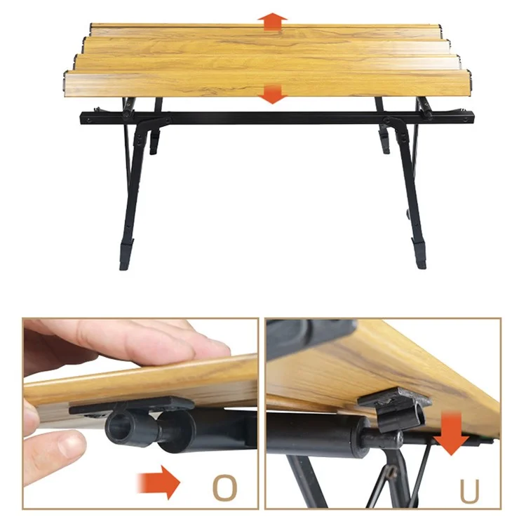 90x52cm Outdoor Folding Table Wood Grain Roll Up Top Aluminum Alloy Lifting Camping Table