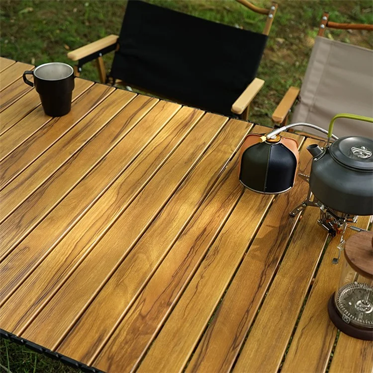 90x52cm Outdoor Folding Table Wood Grain Roll Up Top Aluminum Alloy Lifting Camping Table