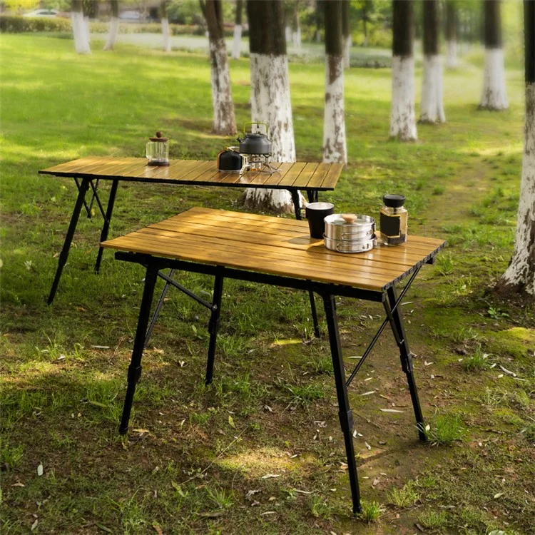 90x52cm Outdoor Folding Table Wood Grain Roll Up Top Aluminum Alloy Lifting Camping Table