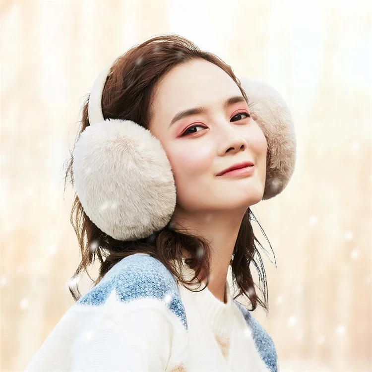 DEZ22 Ear Muffs Soft Plush+PP Cotton+Flexible Headband Ear Warmer Winter Outdoor Earmuff for Students Girls - Beige