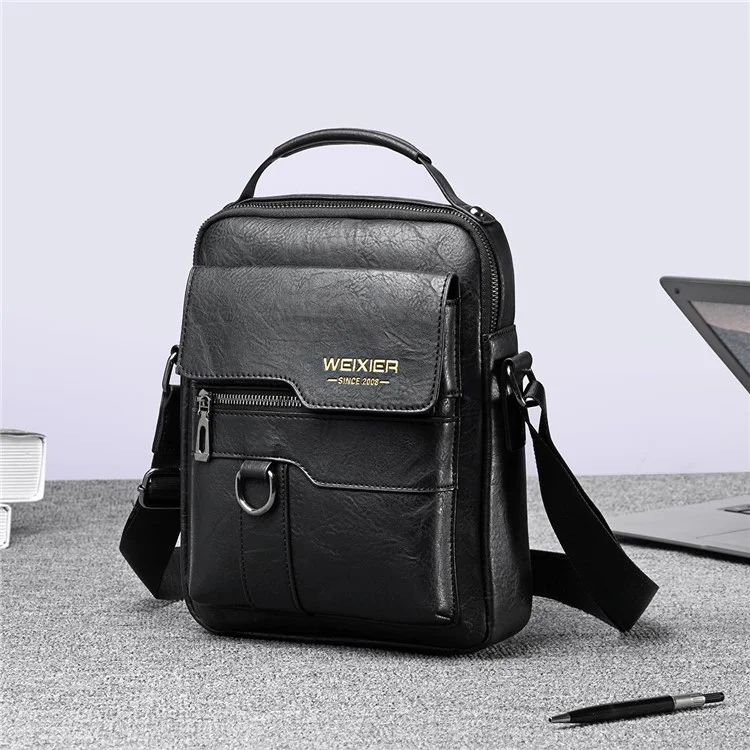 WEIXIER 8642 Sac Messenger en cuir PU vintage pour homme, multi-poches, bandoulière, sac à épaule unique - Noir