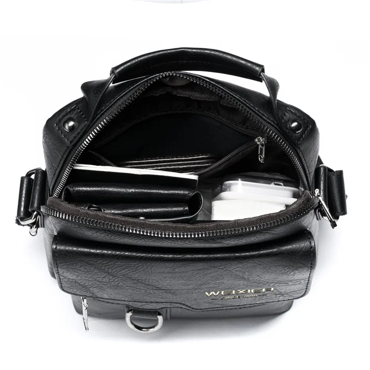 WEIXIER 8642 Sac Messenger en cuir PU vintage pour homme, multi-poches, bandoulière, sac à épaule unique - Noir