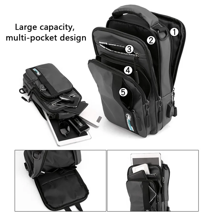 HAOSHUAI 1100-16 Sac à bandoulière USB Charging pour homme pour l'extérieur 18x7x22cm en nylon Sac de poitrine - Gris