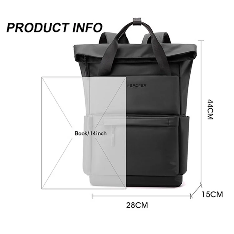 WEPOWER 1279 Student Backpack 28x15x44cm College Bookbag Travel Camping Bag - Black