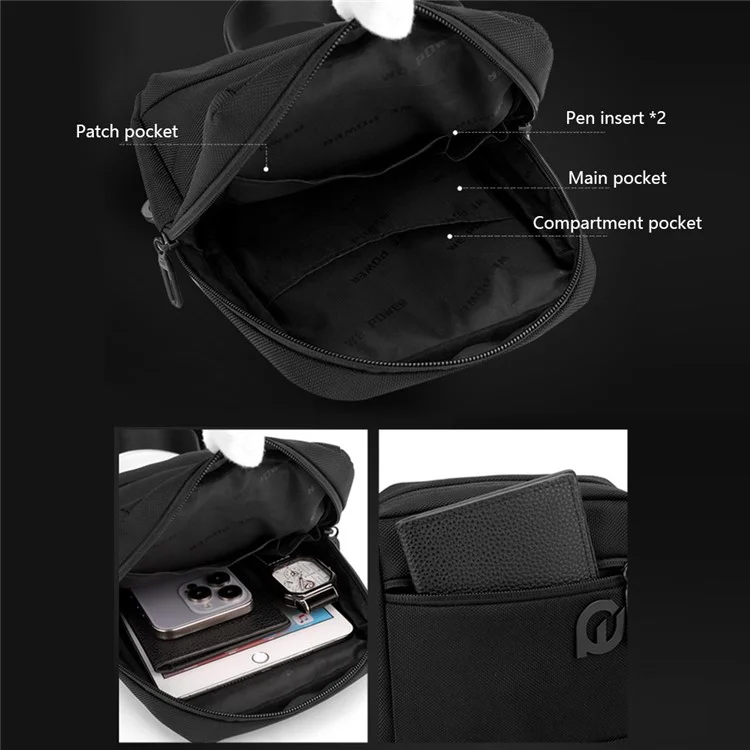 WEPOWER 2129 Bolso de pecho de nailon impermeable y elegante para hombres, bolso cruzado, 17x7x24cm - Negro