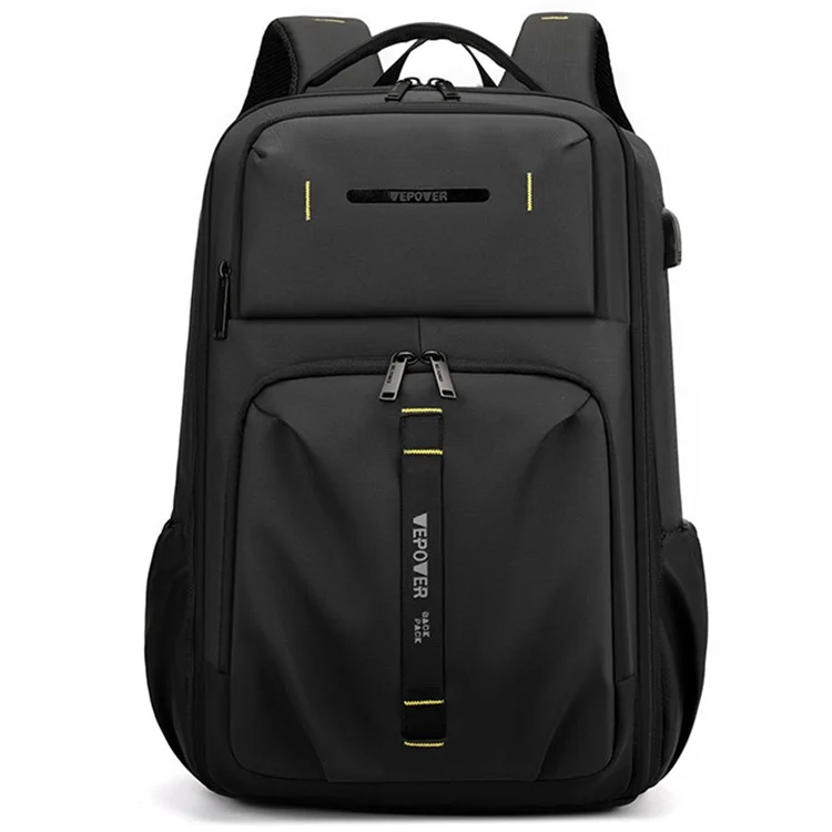 WEPOWER 1288 Stylish Men Travel Nylon Backpack Laptop Carrying Daypack mit USB-Anschluss, 30x18x47cm - Schwarz