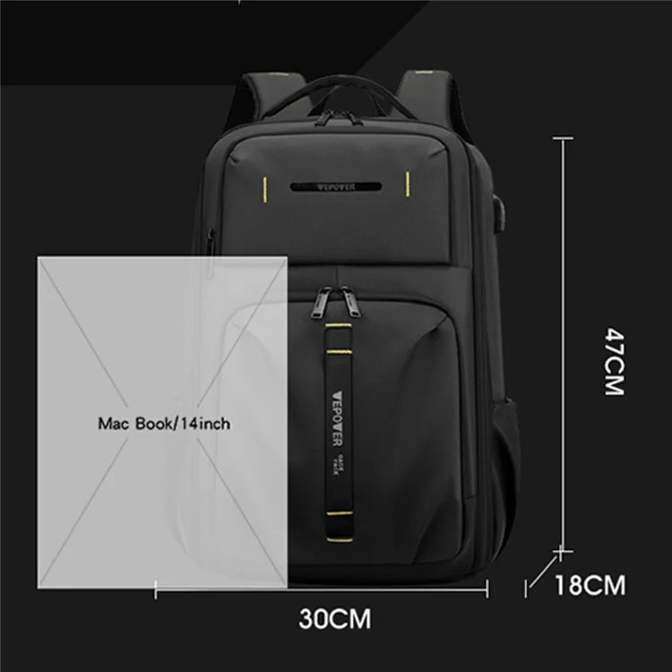 WEPOWER 1288 Stylish Men Travel Nylon Backpack Laptop Carrying Daypack mit USB-Anschluss, 30x18x47cm - Schwarz