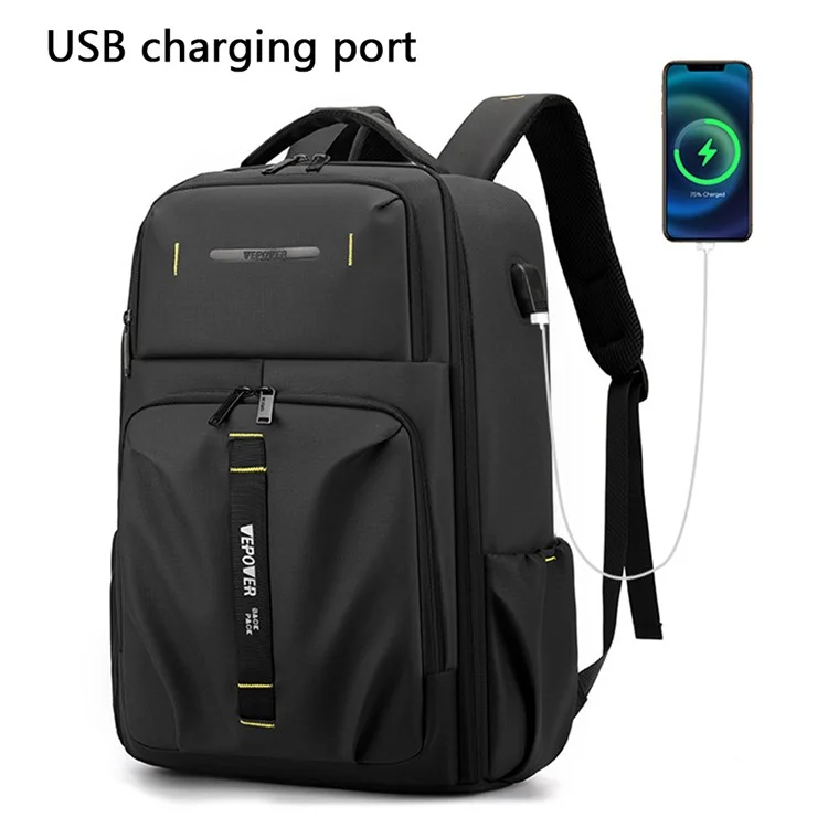 WEPOWER 1288 Stylish Men Travel Nylon Backpack Laptop Carrying Daypack mit USB-Anschluss, 30x18x47cm - Schwarz