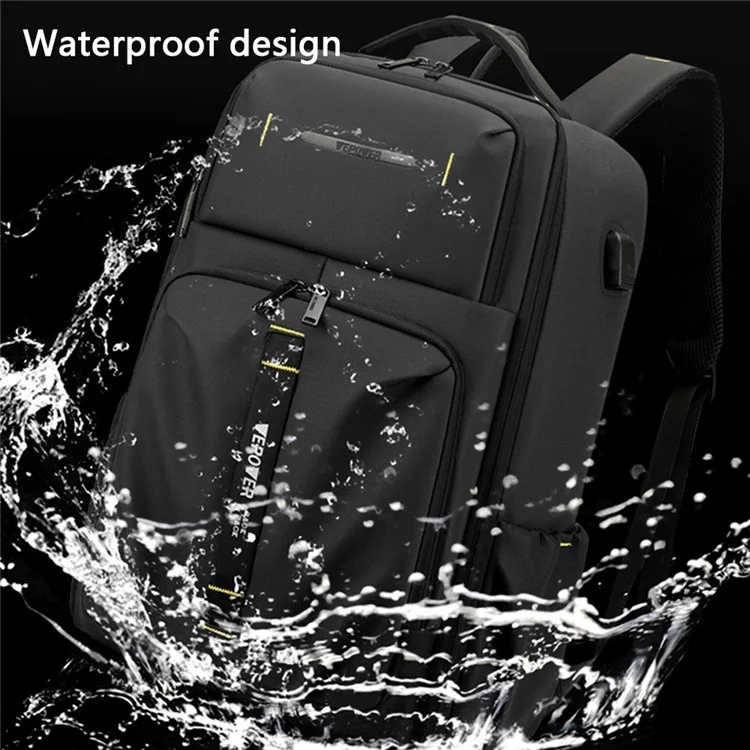 WEPOWER 1288 Stylish Men Travel Nylon Backpack Laptop Carrying Daypack mit USB-Anschluss, 30x18x47cm - Schwarz